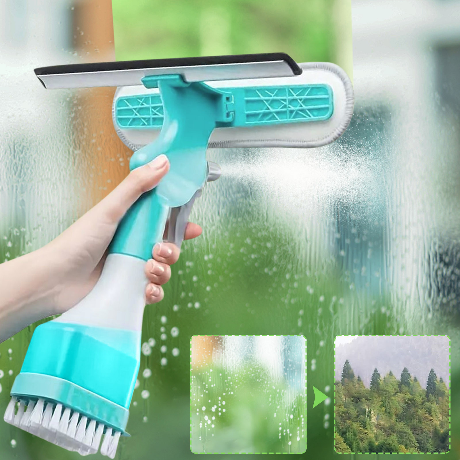 4-in-1 Window Glass Cleaner Scraper Brush Spray Bottle | Double-Sided Multifunctional High-Rise Wiper | 10-Inch Streak-Free Squeegee | Home Car Shower Mirror Cleaning Tool | Includes 1 Brush